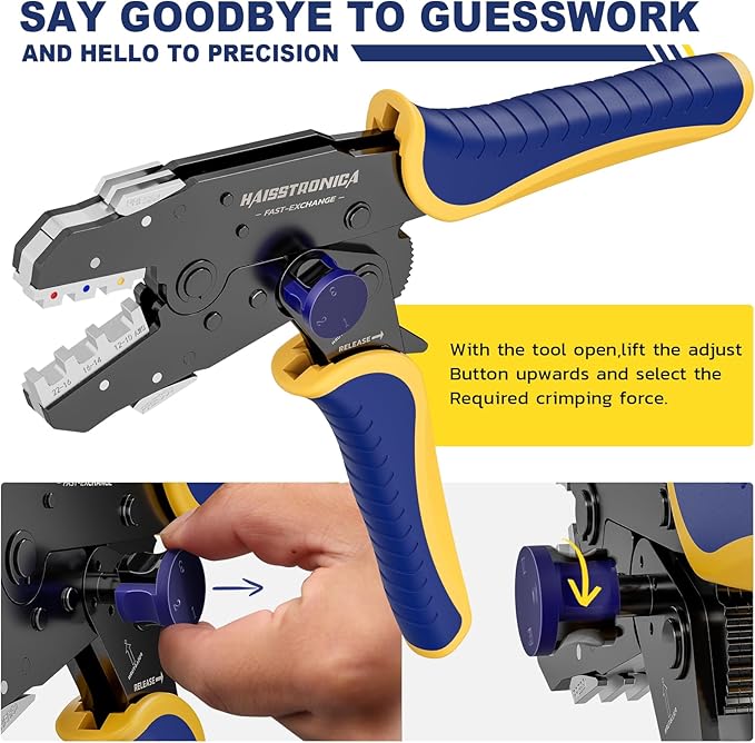 Haisstronica 8PCS Rapid Replace Ratchet Crimping Tool Set with Pressure Regulating, Automatic Wire Stripper Heat Shrink, Non-Insulated, Open Barrel, Solar, Ferrule Connectors