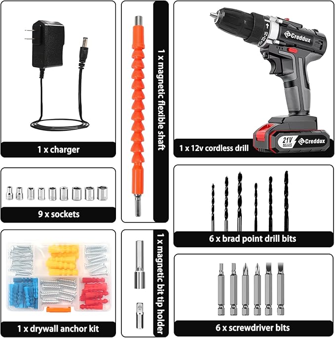 Cordless Drill Set 21v Power Drill Cordless With Battery & Charger, 84pcs Accessories Electric Drills Variable Speed, 3/8" Keyless Chuck (Black kit)