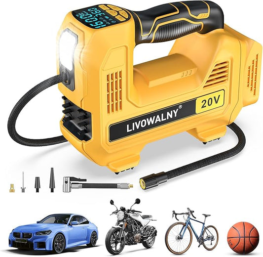 Cordless Tire Inflator Portable Air Compressor Tire Air Pump Compatible With Dewalt 20V Battery - LIVOWALNY 160PSI Auto Pump with Digital Pressure Gauge for Car Tires, Bicycle, Balloons (No Battery)