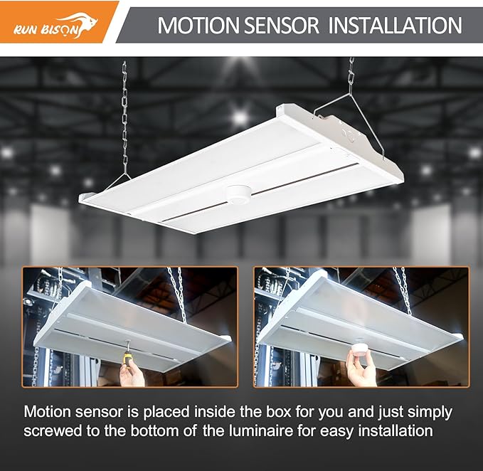 2FT LED Linear High Bay Shop Light with Motion Sensor, 210W High Bay Work Light Fixture, 28350LM, 120-277V, 5000K Daylight Linear Hanging Lighting for Garage, Warehouse, UL&DLC Listed - 4PK