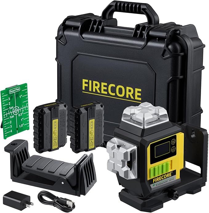 Firecore Laser Level 360 Self Leveling, 3 x 360° Outdoor Laser Level Green Cross Line Laser Leveler Tool for Construction - 2 Rechargeable Batteries, Laser Track Clip & Hard Carry Case