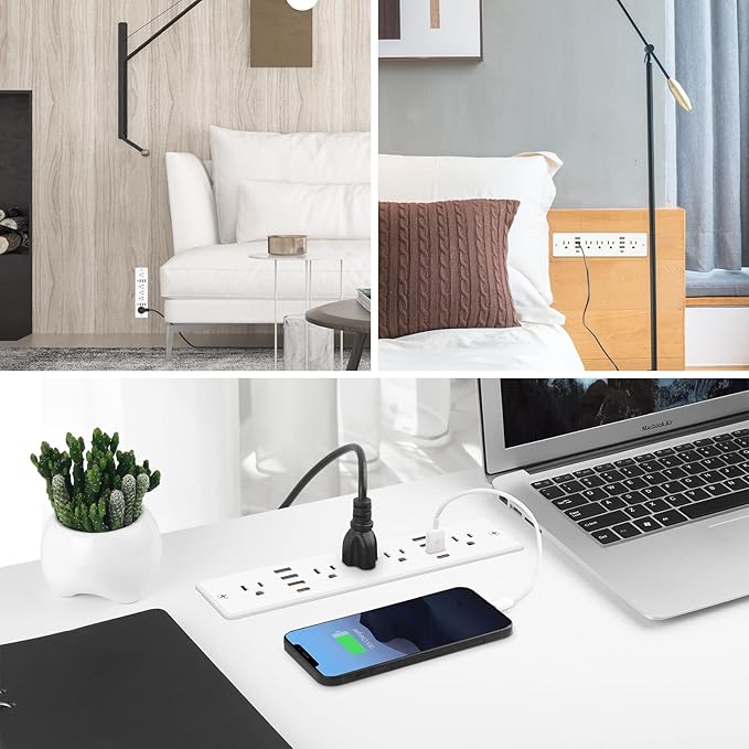 HHSOET 13 in 1 Recessed Power Strip Flat Plug, Fast Charging Desk Outlet with USB, Conference Recessed Power Outlet Socket with 5 AC Plugs, 6 USB Ports 2 USB-C, 6ft Power Cord. (White)