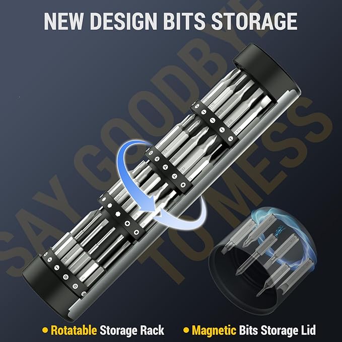 PHALANX Mini 3.7V Electric Screwdriver - Precision Screwdriver Set with 60-in-1 Magnetic Bits, Magnetic Rotatable Rack, 5/32''Hex, Electric Screw Driver Cordless for Phone, Camera, Laptop, Watch