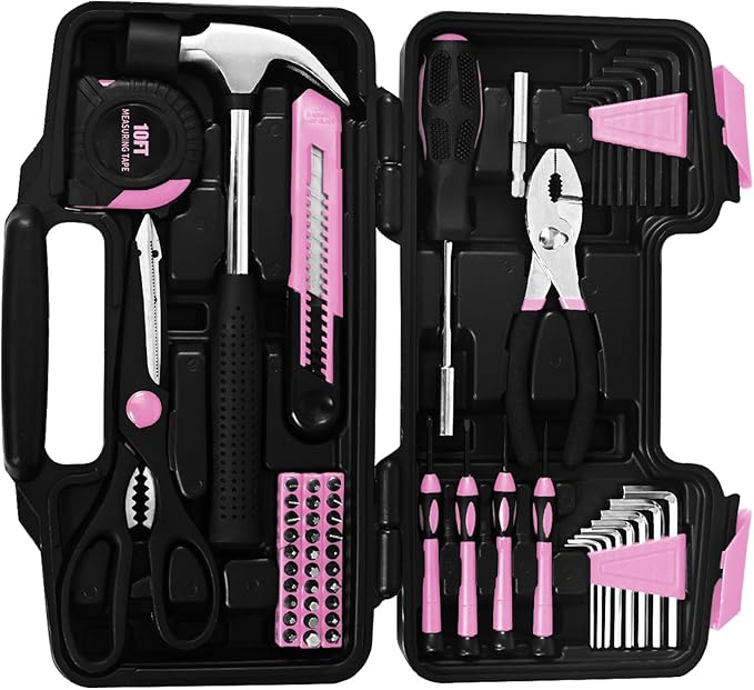 58-Piece Pink Tool Kit Basic Home Repair Tool Set, General Household Hand Tool Kit,Small Tool Kit with Plastic Toolbox Mini Tool kit for Women, Office & College Repairs