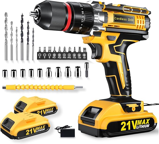Cordless Drill, 21V 2x 2.0Ah Batteries Electric Drill, Electric Screwdriver Set, 398 In-lbs Power Hammer Drills Driver, 25+3 Torque, 2 Speed LED Light 27 Accessories Combi Drills Kit Tools