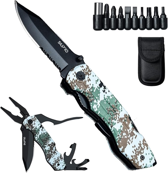 Multitool Pocket Knife Set for Men, Multipurpose 9-in-1 screwdriver kit, Multi Tool Pliers for Camping, Survival with Nylon Sheath, Gifts Idea, Camo