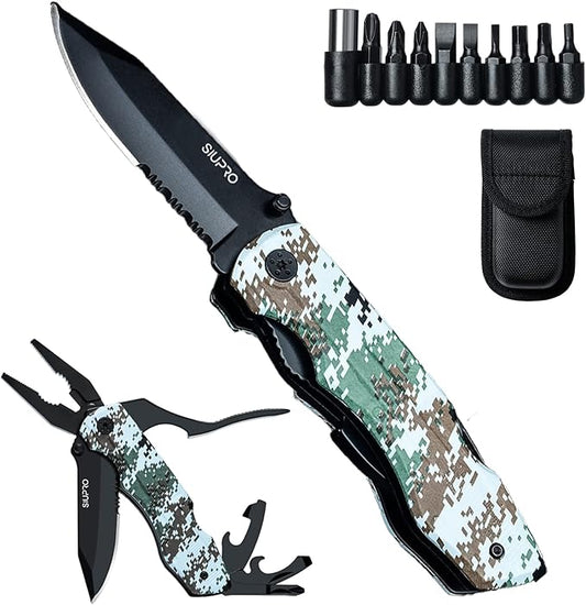 Multitool Pocket Knife Set for Men, Multipurpose 9-in-1 screwdriver kit, Multi Tool Pliers for Camping, Survival with Nylon Sheath, Gifts Idea, Camo