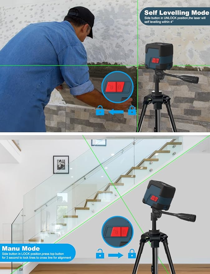 Laser Level, RockSeed Cross Line Laser with Self-Leveling, Vertical and Horizontal Line, Rotatable 360 Degree, Carrying Pouch, Battery Included (Green with 47 inch Tripod)