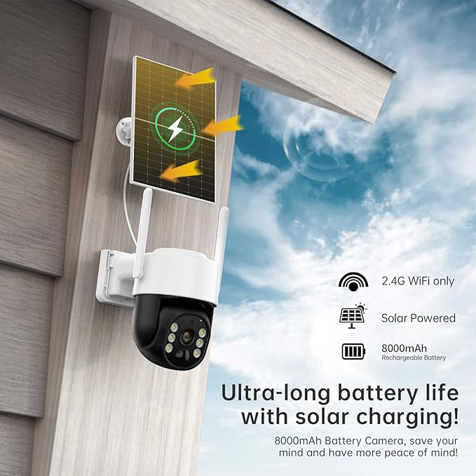 Solar Security Cameras Wireless Outdoor, 2K 360° View Battery Powered Outdoor Camera, Solar Outdoor Camera with PIR Motion Detection,Color Night Vision,2-Way Talk,IP65,Siren Alarm（2-Pack）