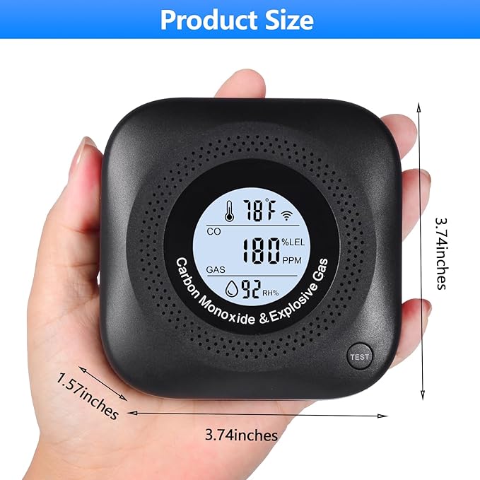 Carbon Monoxide Detectors, 4-in-1 Natural Gas Leak Detector, Portable Carbon Monoxide Detector, Plug in Wall CO Alarms with AC Socket and Temperature & Humidity Monitoring for RV, Home, Hotel (Black)