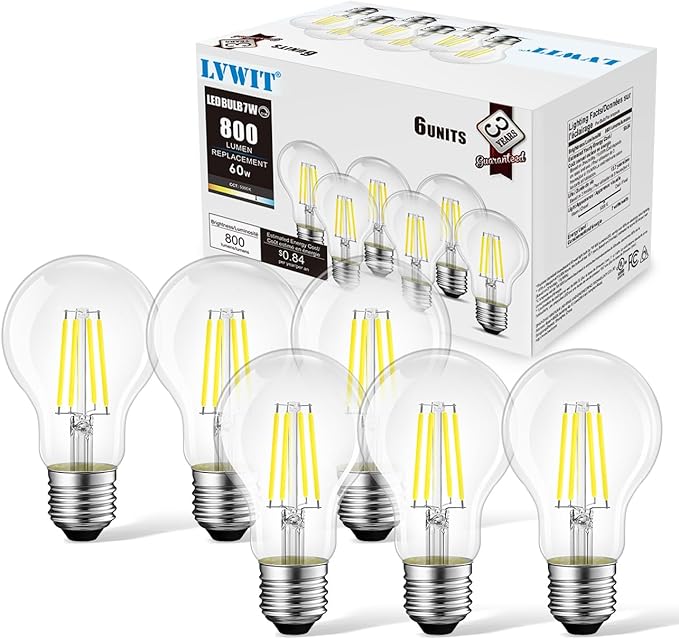 LVWIT A19 LED Vintage LED Filament Bulb E26 Base Dimmable 7W (60W Equivalent)，5000K Daylight White 800 Lumens，Omnidirectional, UL-Listed, Pack of 6