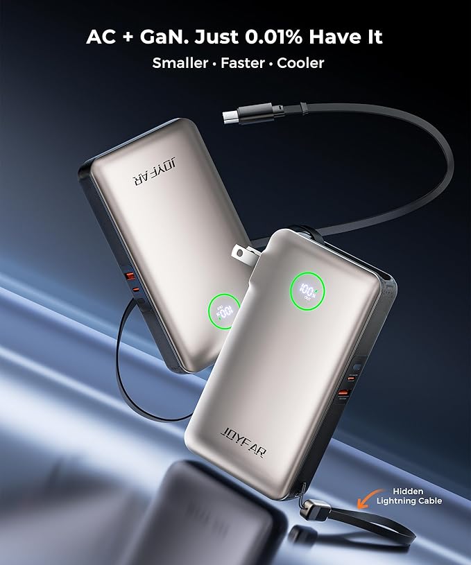 Portable Charger Power Bank - Battery Pack 35W AC Plug GaN 10000mAh Built in Cable USB C Phone Fast Charging Powerbank Compatible with iPhone 16 15 14 13 12 11 X iPad MacBook Samsung (Gold)