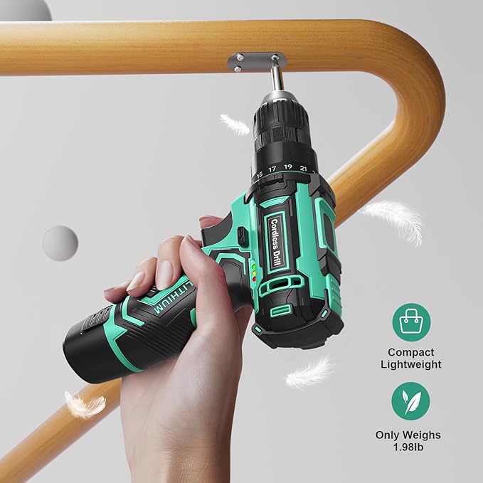 Cordless Drill Set,12V Power Drill Driver 3/8" Keyless Chuck with 42 Acessories, Built-in LED Light, 25+1 Position, Electric Drill for Home DIY Projects（Cyan）