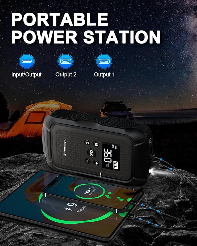 7000A Jump Starter with Air Compressor (All Gas/10.0L Diesel), 12V Jumper Starter Pack with 150PSI Auto Tire Inflator, Car Battery Jump Box Portable with LCD Display & LED Light