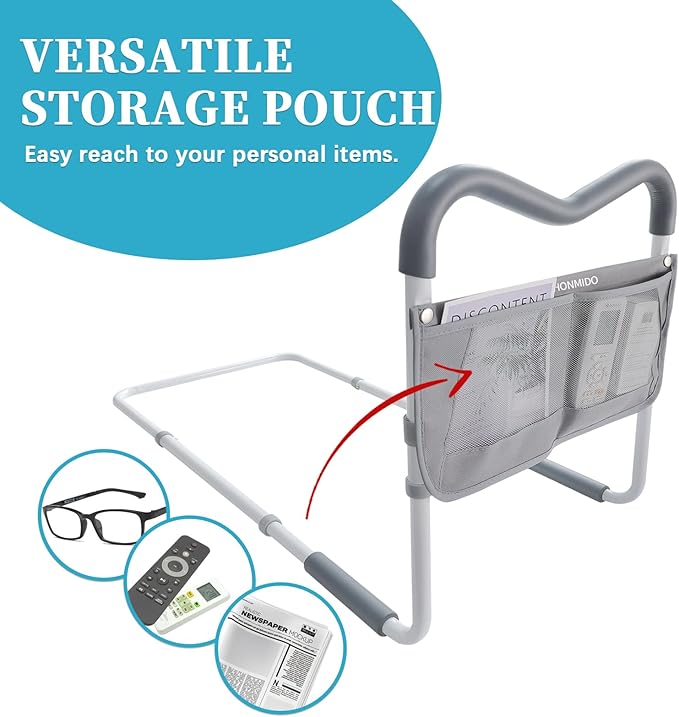 Sturdy Bed Rail for Elderly Adults，Safety with Adjustable Heights, M-Shape Grab bar Assist from Directions，Storage Pocket, Medical Bed Guard,Gifts for Seniors (Light Grey Handle)