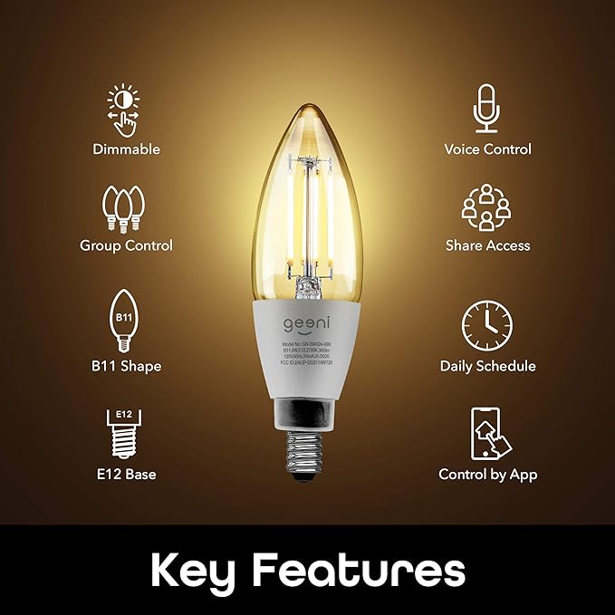 Geeni LUX Edison B11 Filament WiFi LED Smart Bulb, B11 Candelabra, 4W, E12 Base, Dimmable, White Light, Compatible with Amazon Alexa & Google Home - No Hub Required- 4 Pack