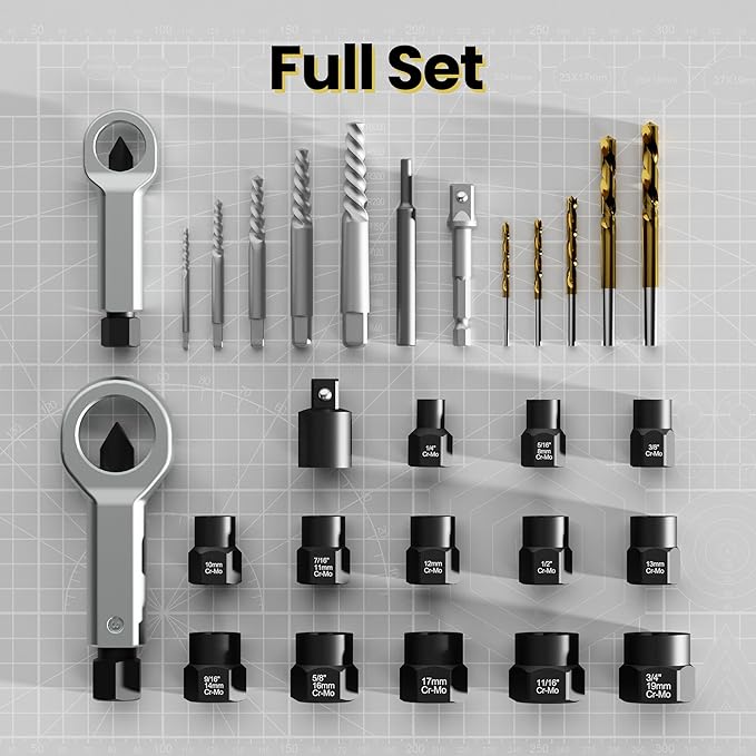 28PCS Bolt Extractor Set, Impact Nut/Bolt Removal Drill Kit, Broken Nut and Bolt Extractor, Cr-Mo Steel, for Removing Socket Screws, Broken Bolts