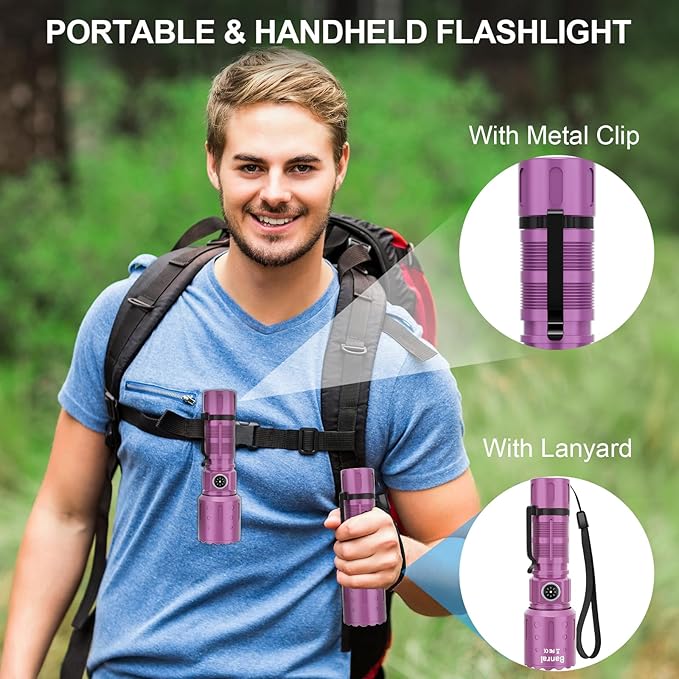 Flashlights High Lumens Rechargeable, Super Bright Long Range Small Powerful Flashlight, 6 Modes LED Tactical Pocket Waterproof Flash Light for Home Emergency (1, Purple)