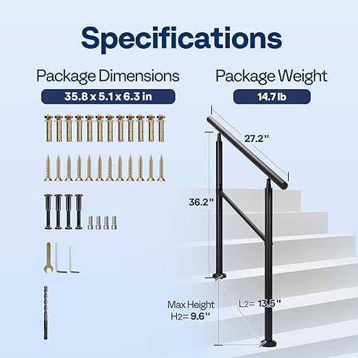 VIVOHOME 2-Pack 2 Step Hand Rails for Outdoor Steps, Galvanized Steel Railing, Black Round Exterior Handrails for Porch, Deck, or Indoor Stairs, Complete Installation Kit
