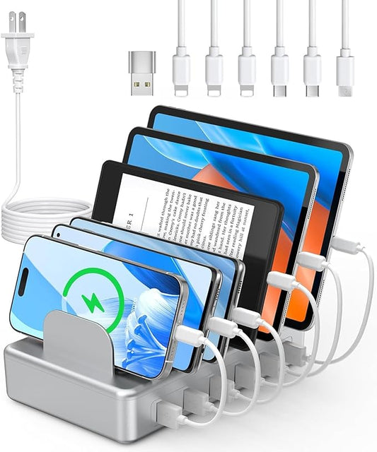 CREATIVE DESIGN 6 Port Charging Station for Multiple Devices,50W Multi Phone Charging Station with 6 Cables, Multiple USB Charger Station Designed for Cellphone iPad iPhone Tablet (Silver)