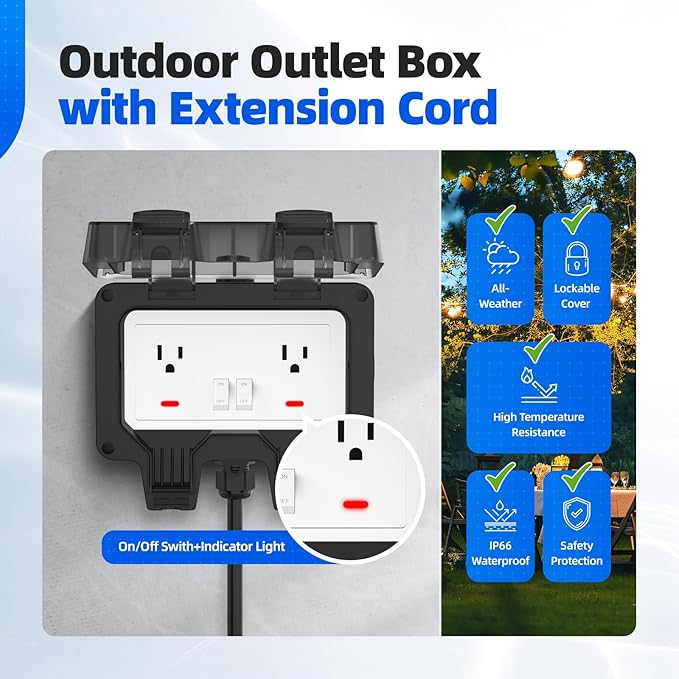 Outdoor Outlet Box with 32.8Ft Extension Cord, NEMA 5-15R, STW 14 AWG,IP66 Waterproof Power Outlet Extender with On/Off Switch & LED Indicator for Garden Yards& Outdoor Activity
