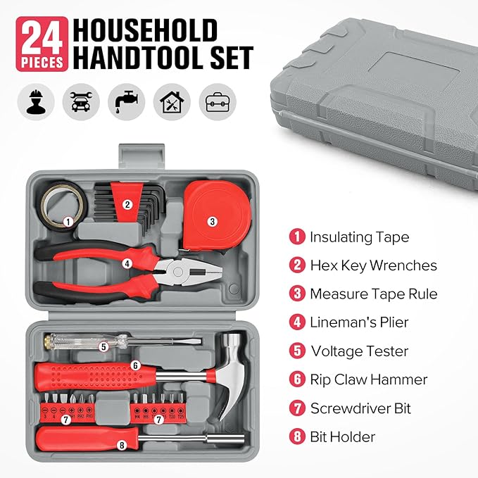 24 Piece Small Tool Kit for Men and Women, Mini Hand Tool Set with Storage Box for Home, DIY, Office, Garage(Red)