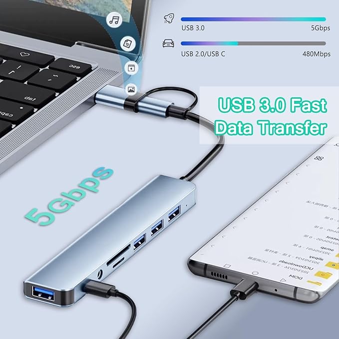 USB C Hub USB Hub 3.0, VIENON Aluminum 8 in 1 USB Extender with SD/TF Card Reader, 3.5mm Aux Headphone Jack for MacBook Pro Air and More PC/Laptop/Tablet Devices