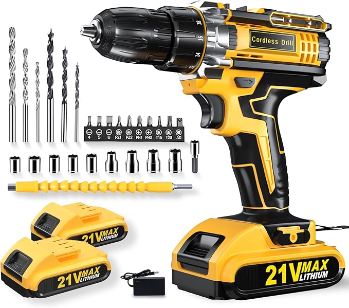 Drill, 21V Cordless Drill with Dual 2.0Ah Power Pack and Charger, Electric Power Drills Set, 3/8 Inch Chuck, 25+1 Torque, 2 Speed 29 Accessories Tool for DIY, Gifts