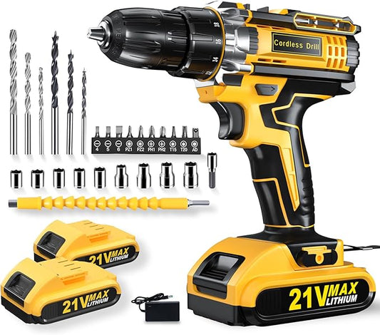 Drill, 21V Cordless Drill with Dual 2.0Ah Power Pack and Charger, Electric Power Drills Set, 3/8 Inch Chuck, 25+1 Torque, 2 Speed 29 Accessories Tool for DIY, Gifts