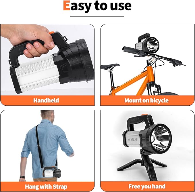 Superbright Handheld LED Spotlight Flashlight Powerful Searchlight USB Rechargeable Lantern Waterproof Tactical Torch Portable 6 Light Modes Side Floodlight (Yellow Light)