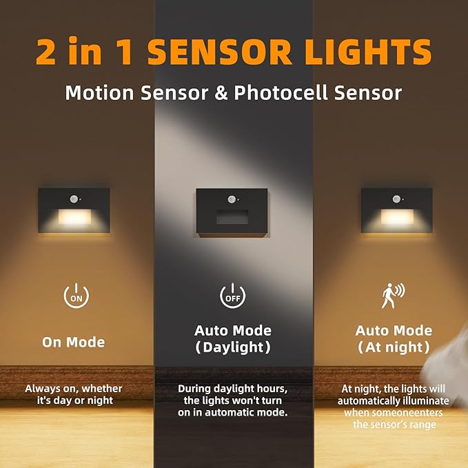 Stair Lights Motion Sensor Indoor Outdoor, 5CCT Dimmable LED Step Lamp with Switch, 4W 300LM, 2700K-6500K, IP66 Waterproof Hardwired 120V Stairway Staircase Walkway Lighting- Black, 3 Pack, ETL