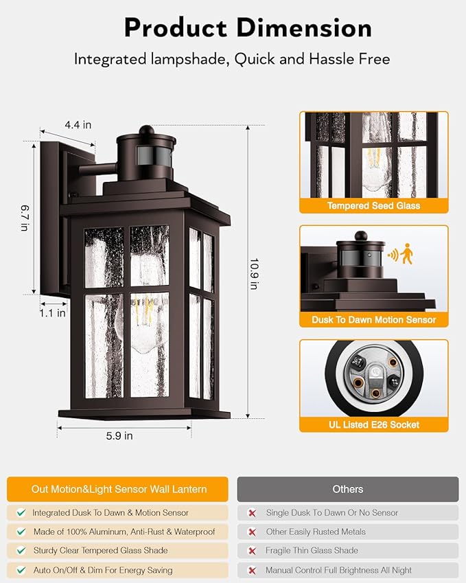 VIANIS Brown Exterior Lighting Fixtures Wall Mount with Motion Sensor, 2 Packs Oil Rubbed Bronze Outdoor Wall Sconce Lantern, 100% Aluminum Dusk to Dawn Outdoor Lighting for House, Garage, Doorway