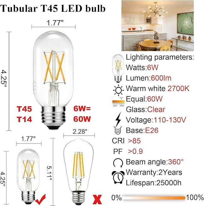 LiteHistory E26 LED Bulb 6W Equivalent e26 led Bulb 60 Watt Dimmable Warm White 2700K E26 Edison Bulb AC120V 600lm Tubular T14 T45 LED Bulb for Pendant, Sputnik,Vanity,Chandeliers Pack of 6
