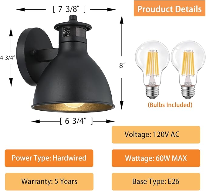 2 Pack Outdoor Motion Sensor Light, Anti-rust Waterproof Wall Light Fixtures, Dusk to Dawn Outdoor Lighting, A19 Base Outdoor Lights for Patio Garage Porch Barn House Garden Backyard (Bulbs Included)