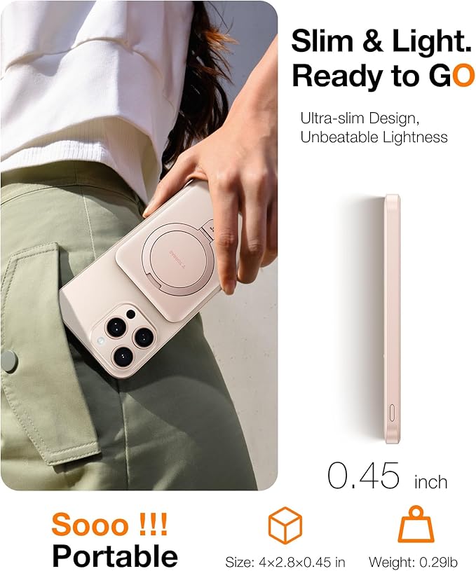 TORRAS 0.45" Slim Magnetic Portable Charger Power Bank for iPhone 5000 mAh 22.5W PD Fast Charging Wireless Battery Pack O Stand Compatible with Magsafe, i Phone 16 Pro Max, Pro,15,14,13,12, Rose Gold