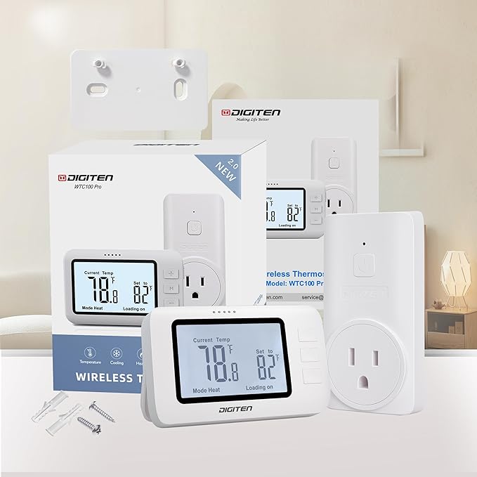 DIGITEN Wireless Thermostat WTC100 Pro Temperature Controller for Cooling & Heating, Remote Controlled Outlet, Easy-to-Use and Programmable Thermostats for Home,Greenhouse