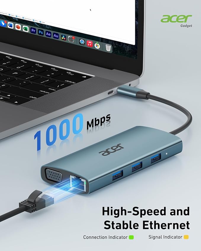 Acer USB C Hub with 4K HDMI, 9-in-1 USB C to Ethernet Adapter, 5Gbps USBA 3.0 Docking Station, VGA Splitter, SD Card Reader, PD 100W Charging for MacBook, Acer, Laptops, Surface and More