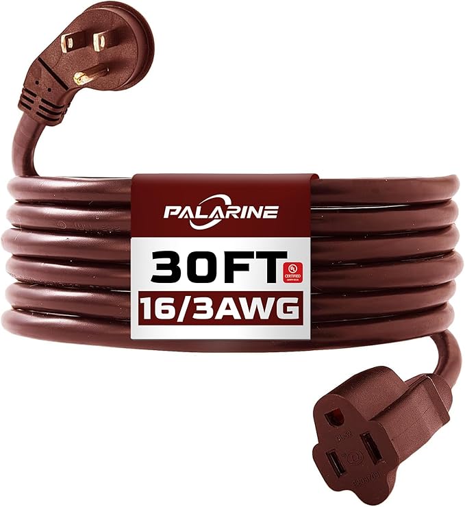 Indoor Flat Plug Brown Extension Cord 30ft, UL Listed, 16/3 SJTW 3 Prong Heavy Duty, 16 Gauge 13A Power Cord for Lights, Appliance, Home, Office