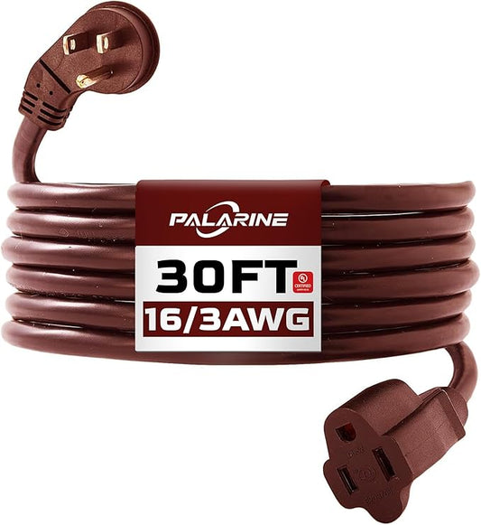 Indoor Flat Plug Brown Extension Cord 30ft, UL Listed, 16/3 SJTW 3 Prong Heavy Duty, 16 Gauge 13A Power Cord for Lights, Appliance, Home, Office