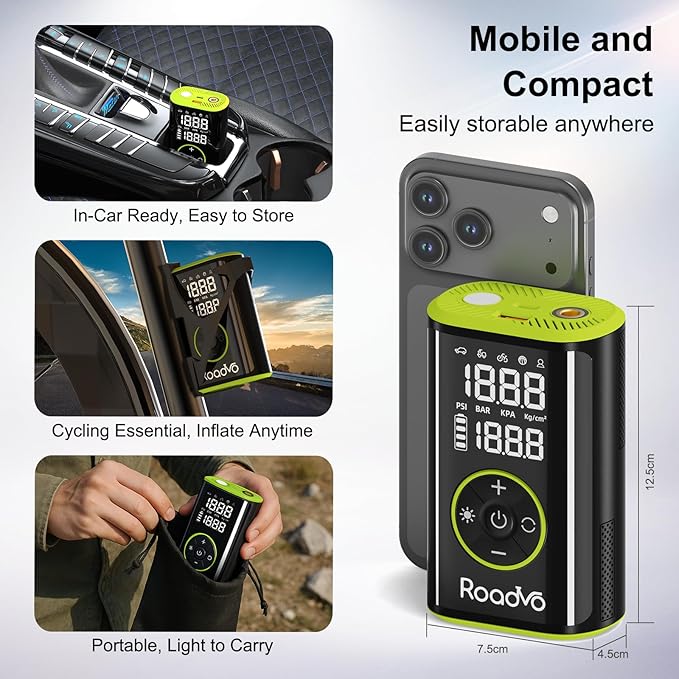 Roadvo Tire Inflator Portable Air Compressor-3X Fast 150 PSI Cordless Air Pump with Digital Tire Pressure Gauge,Auto Shutoff & LCD Display,Portable Bike Pump for Car Tires,Ebike,Motorcycle,Balls
