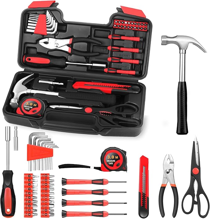 39-Piece Household Tool Set with Toolbox Storage Case - All Purpose Small Hand Tool Kit Includes Essential Tools for Home, Office, College Repairs, Red