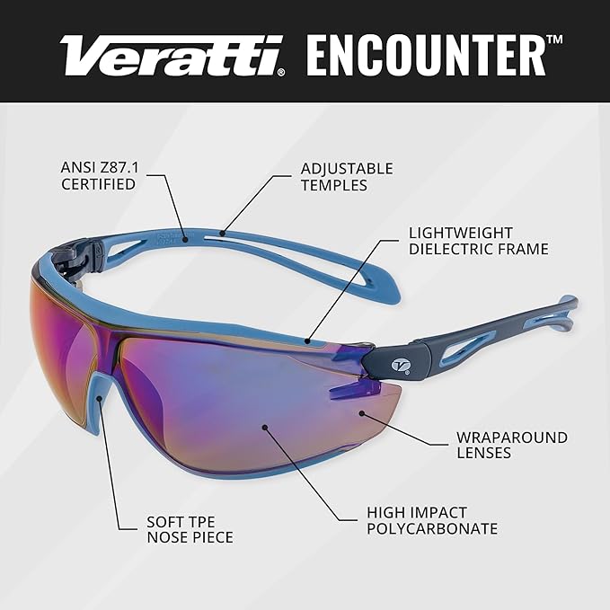 Veratti Encounter Safety Glasses, Anti-Fog Blue Mirror Lens, ANSI Z87.1 Certified Eyewear, Dielectric Blue Frame