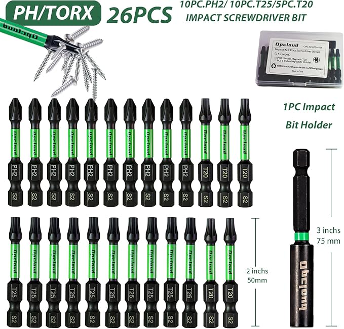 Impact Screwdriver Bit Set, 26 Pieces 2” PH2/T25/T20 Magnetic Tips Driver S2 Steel Power Bit Set with Extension Impact Bit Holder