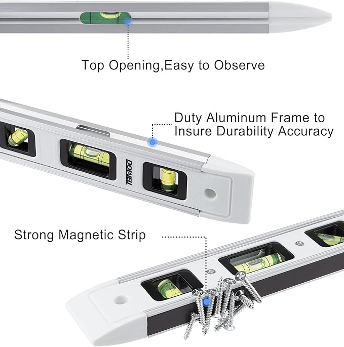 DOWELL Magnetic Torpedo Level Mini Bubble Level Box Spirit Level Alloy Frame 180/90/45 Degree 9-Inch (1, White)