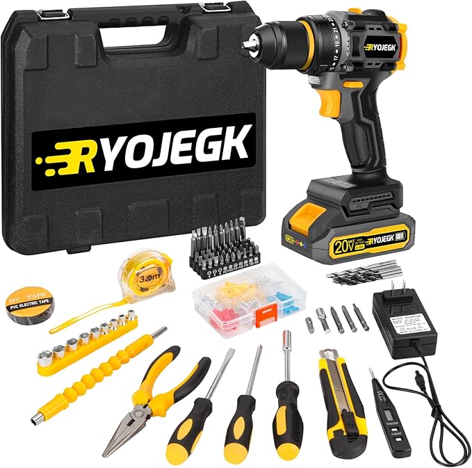 Compact Brushless Power Drill Set,60N.m Cordless Drill Tool Box with 2 Battery & 3/8”Keyless Metal Self-locking Chuck,138Pcs Men Handheld Tool Drills Kit,Taladro Inalámbrico for Home Repair Set