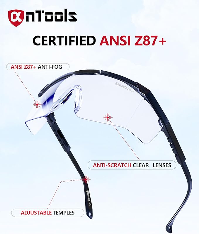 2 Pack ANSI Z87+ Safety Glasses, Anti-Fog, Scratch-Resistant, Adjustable Temples, Clear Protective Eyewear, Lab Goggles