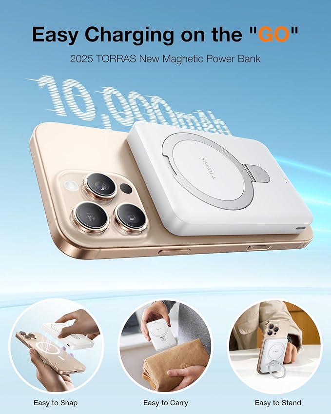 TORRAS 10000mAh Magnetic Portable Charger Power Bank for iPhone, Fast Charging Travel Essential Wireless Battery Pack Slim with OStand Compatible with Magsafe, 16 Pro Max,Pro,15,14,13,12, White