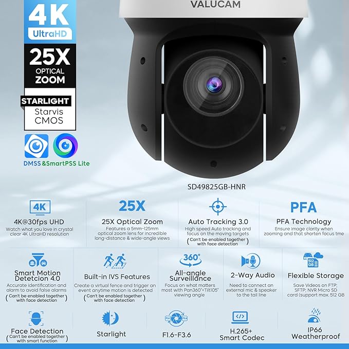 4K PTZ PoE IP Highspeed Dome Outdoor Camera-25x Optical Zoom(5-125mm), PFA Auto Tracking, IVS-Face Detection, SMD4.0, 1/2.8'' Starvis Sensor-0.005lux Starlight Nightvision, Quick Pick, IP66