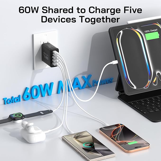 2Pack USB C Fast Charger Block, 60W 5-Port USB C Wall Charger 30W Type C Charging Block, 2USB C+3USB A PPS/PD 3.0 Multiport Charging Cube for iPhone 16 15 14 13 Pro Max,for Galaxy S25 S24 Ultra, i Pad