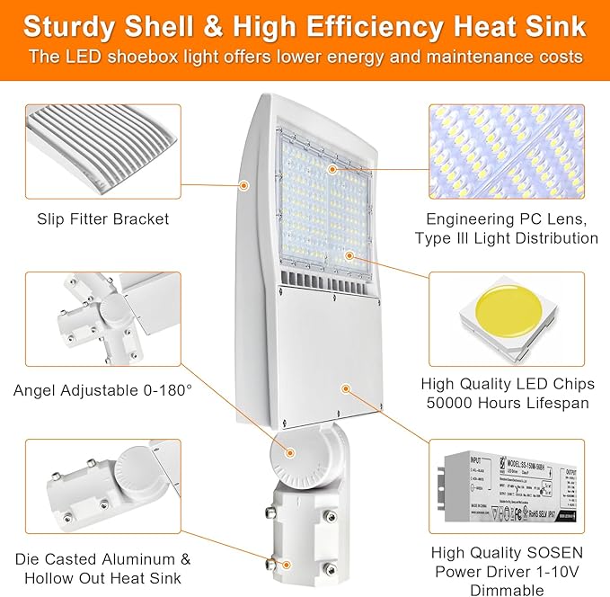 480V 150W White LED Parking Lot Light, 21000LM LED Shoebox Area Light [500W MH/HPS Equiv.], 5000K Dimmable Outdoor Street Lighting with Surge Protection Built-in, IP65 AC100-277V UL&DLC Listed